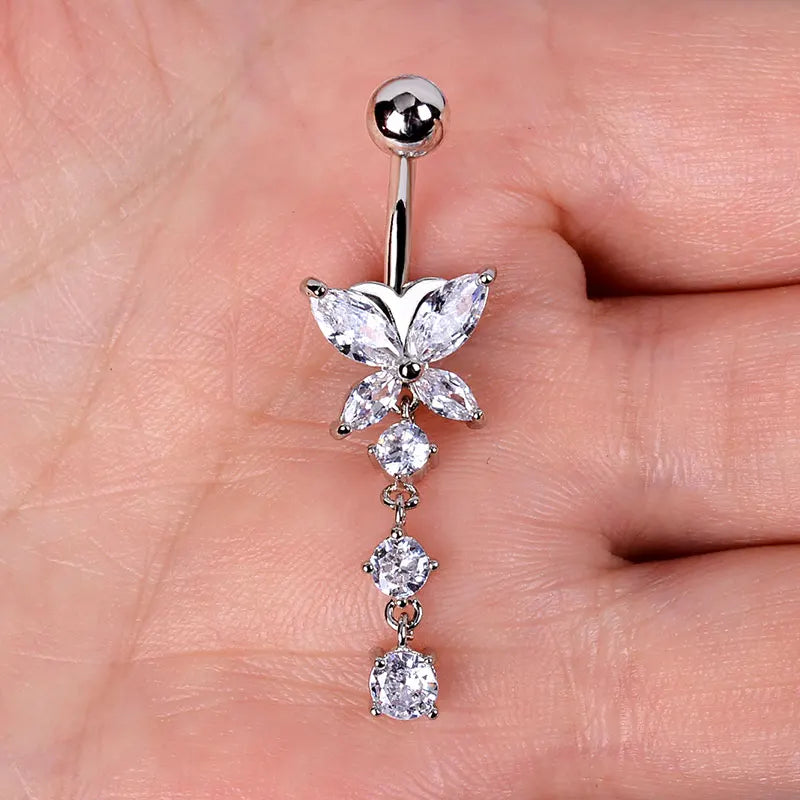 1PC Women Fashion Stainless Steel Piercing Crystal Butterfly Heart Belly Navel Ring Dangle Personality Body Jewelry Accessories