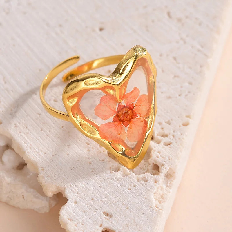 18K Gold Plated Jewelry Adjustable Stainless Steel Waterproof Ring Literary Retro Eternity Flower Design Jewelry For Ladies Gift