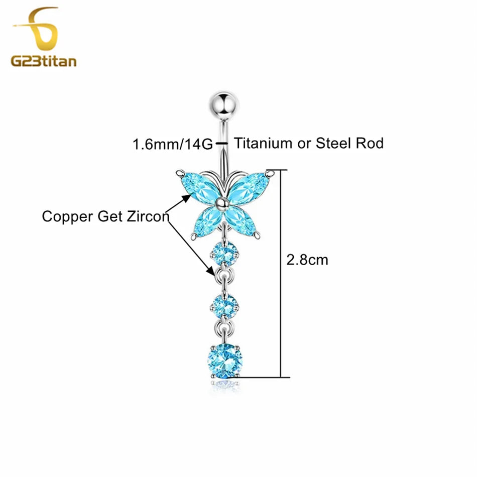 G23titan Crystal Zircon Butterfly Dangle Belly Button Ring Titanium or Steel Bar Navel Piercing Jewelry Women Body Accessories