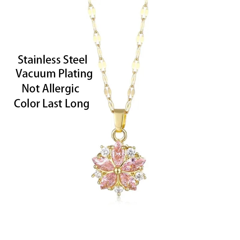 New Sweet Pink Cherry Blossoms Pendant Stainless Steel Necklaces For Women Korean Fashion Temperament Clavicle Chain Jewelry
