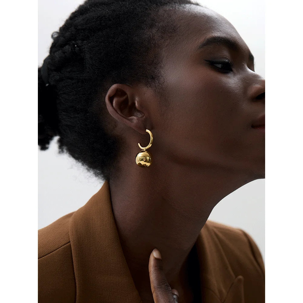 Yhpup Stainless Steel Round Ball Smooth Bead Drop Huggie Earrings Gold Silver Color Prevent Allergy Metal Unusual Jewelry Gift