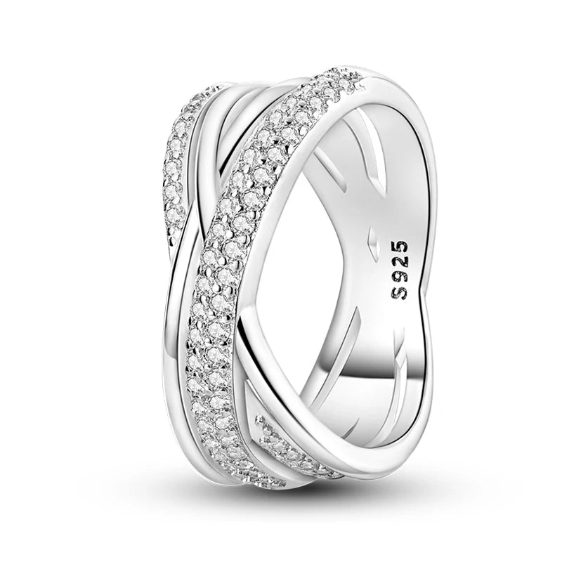 Women's 925 Sterling Silver Geometric Overlapping Zircon Classic Design Rings Anniversary Birthday Engagement Fine Jewelry