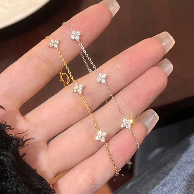925 Silver Plated Cz Four-leaf Flower Bracelet for Women Girl Cute Dainty Adjustable Link Chain Bracelet Trend 18k Gold Jewelry