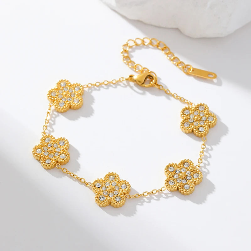 EILIECK New Fashion Stainless Steel White Zircon Clover Necklace Bracelet Earrings Set For Women Trendy Flower Jewelry Set Gift