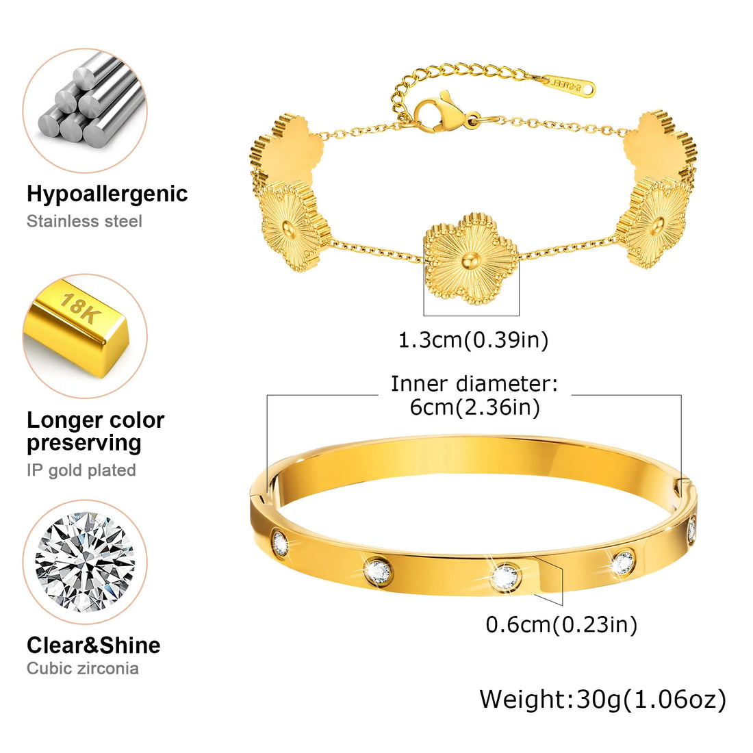 Vnox Exquisite 13mm Clover Bracelet Set for Women, Love Gift Bracelets for Wife Mothers Day Jewelry, Stainless Steel Cuff Bangle