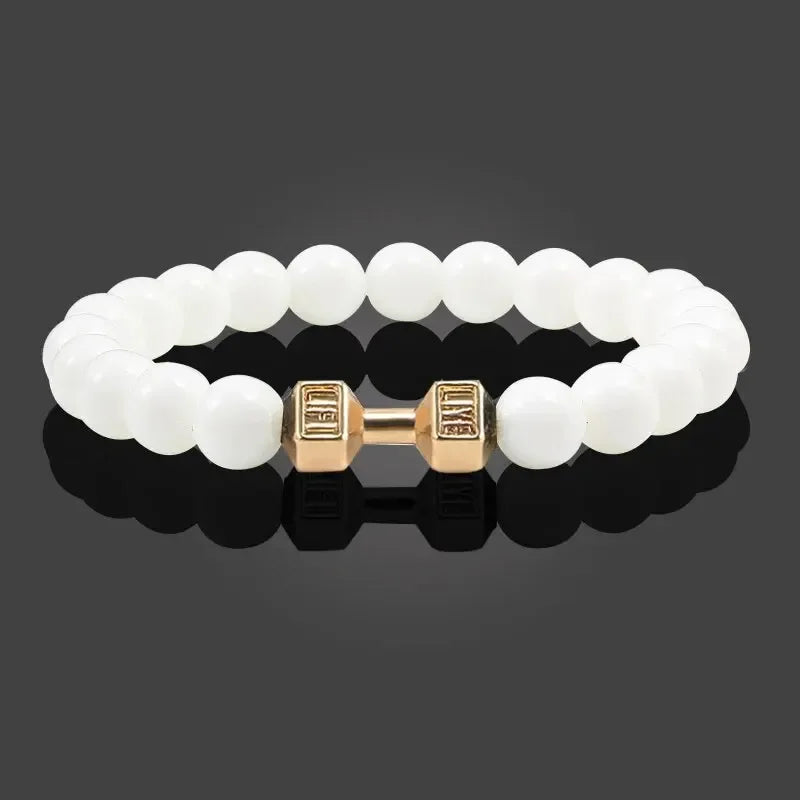 Hot Selling Vintage Men's Bangle Natural Stone Bead Dumbbell Pendant Elastic Strand Bracelet for Friend's Gift