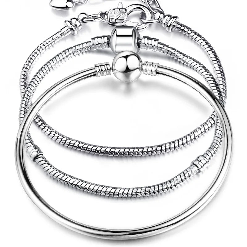 New 925 Sterling Silver 17-21cm Heart-Shaped Star, Moon Luxury Pendant Bracelet For DIY Bead Charms Women Jewelry Fashion Gifts