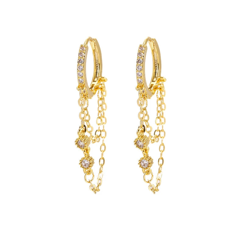 2PCS New Fashion Gold Color Crystal Zirconia Chain Hoop Earrings Women Small Pendant Star Ear Cartilage Earring Piercing Jewelry