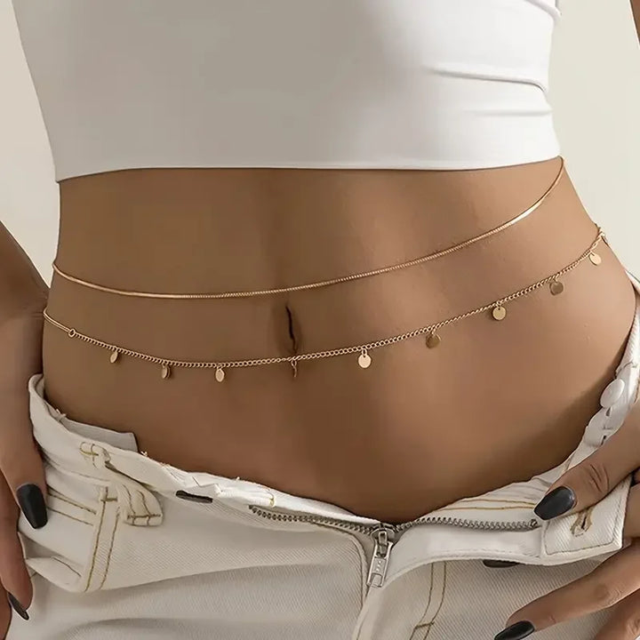2pcs Round Coin Shape Tassel Pendant Thin Waist Chain Simple Boho Double Layers Body Chain Summer Beach Jewelry Gifts 2024 New