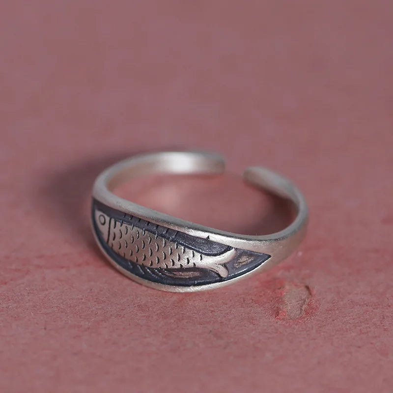 925 Sterling Silver Geometric Unique Fish Retro Rings for Women Bohemian Adjustable Open Vintage Ring For Party Birthday Gift
