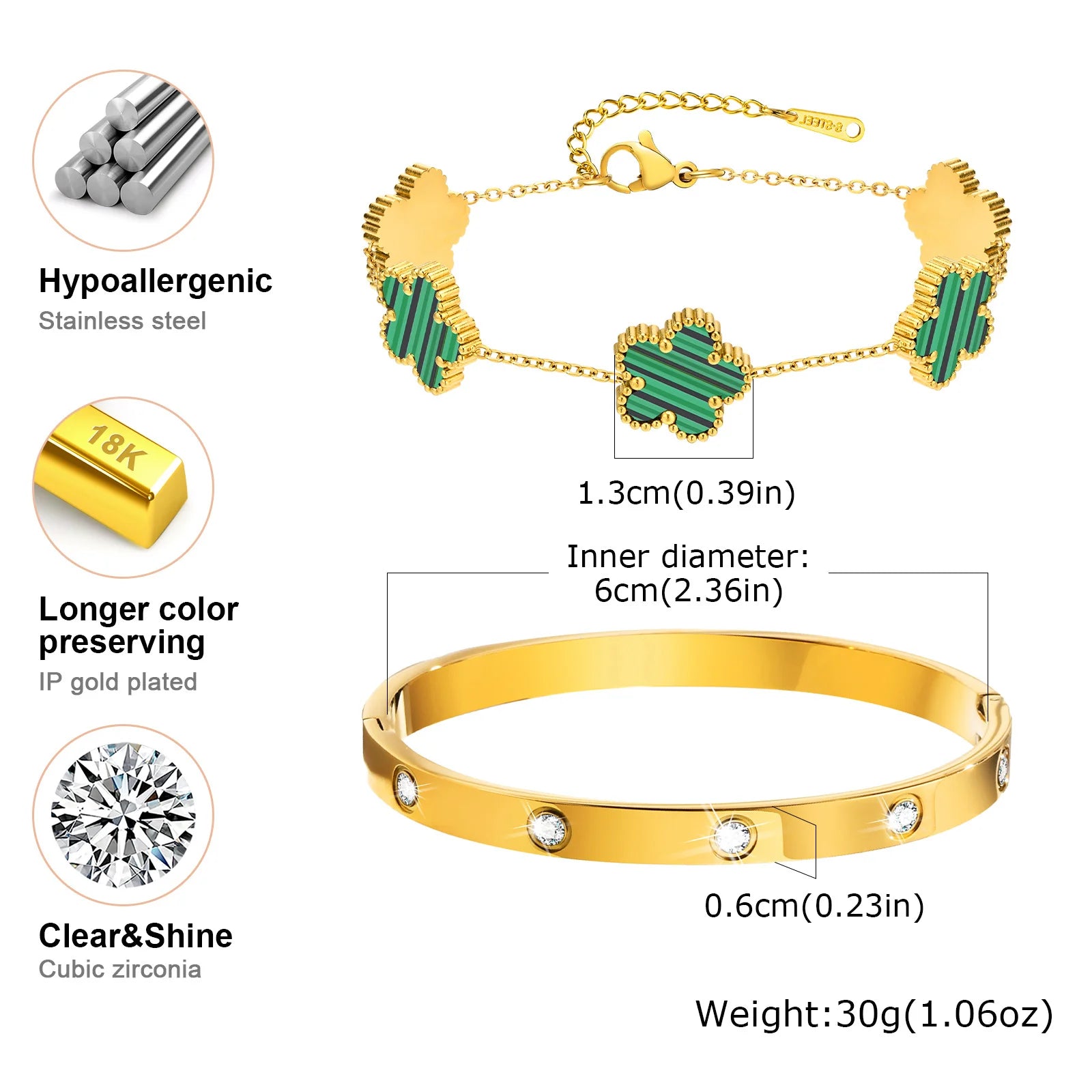 Vnox Exquisite 13mm Clover Bracelet Set for Women, Love Gift Bracelets for Wife Mothers Day Jewelry, Stainless Steel Cuff Bangle