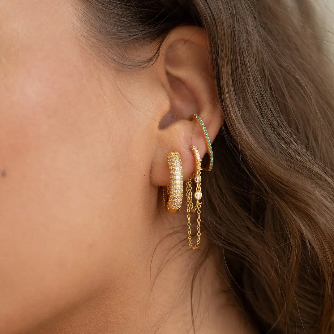 2PCS New Fashion Gold Color Crystal Zirconia Chain Hoop Earrings Women Small Pendant Star Ear Cartilage Earring Piercing Jewelry