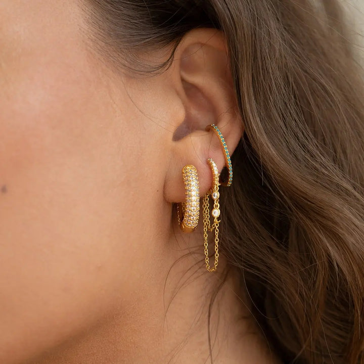 2PCS New Fashion Gold Color Crystal Zirconia Chain Hoop Earrings Women Small Pendant Star Ear Cartilage Earring Piercing Jewelry
