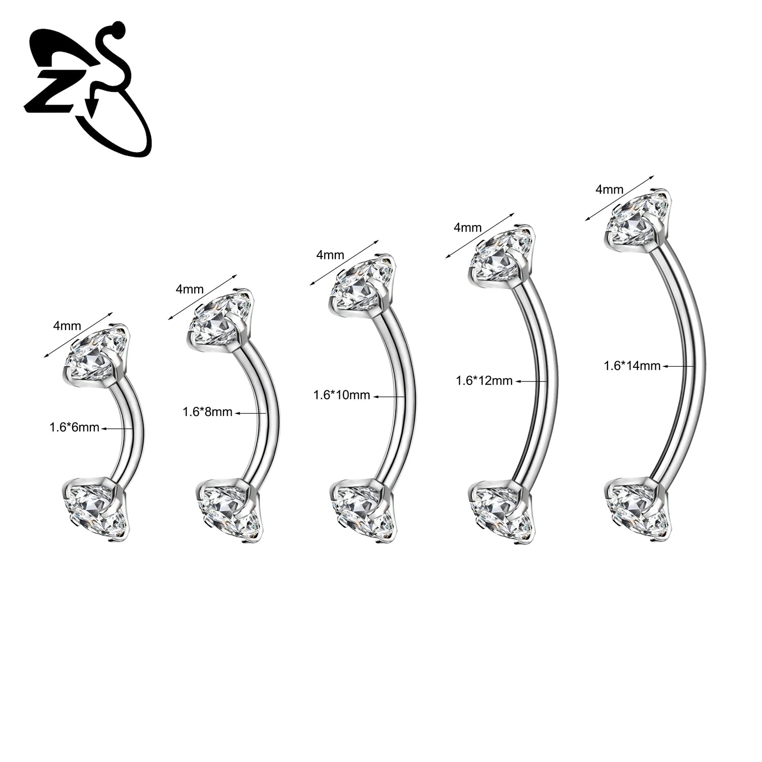 ZS 1PC Internal Thread 14/16/18G Stainless Steel Belly Button Ring 6MM-14MM Curved Navel Rings Helix Cartilage Piercings Jewelry
