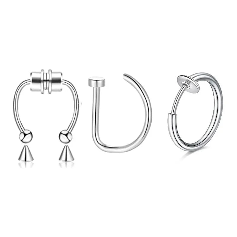 3Pcs Fake Nose Ring Magnetic Septum Ring Fake Nose Ring Hoop Stainless Steel Horseshoe Clip On Nose Ring No-Pierced Septum Ring