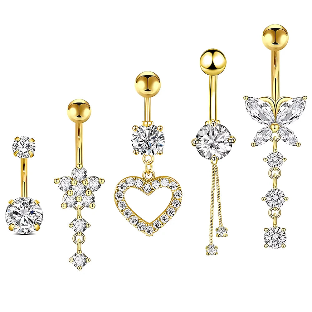 5pcs/lot Dangled Belly Button Rings Belly Piercing Sets 14G Butterfly Heart Curved Navel Piercing for Women Girls Body Jewelry