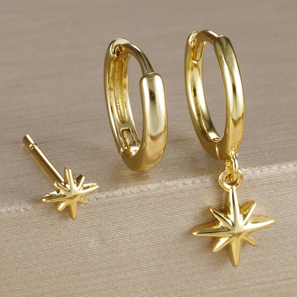 3 Piece Fashion Stainless Steel Round Star Drop Earrings Set for Women 18K Golden Plated Dangle Earring Punk Unisex Rock Jewelry
