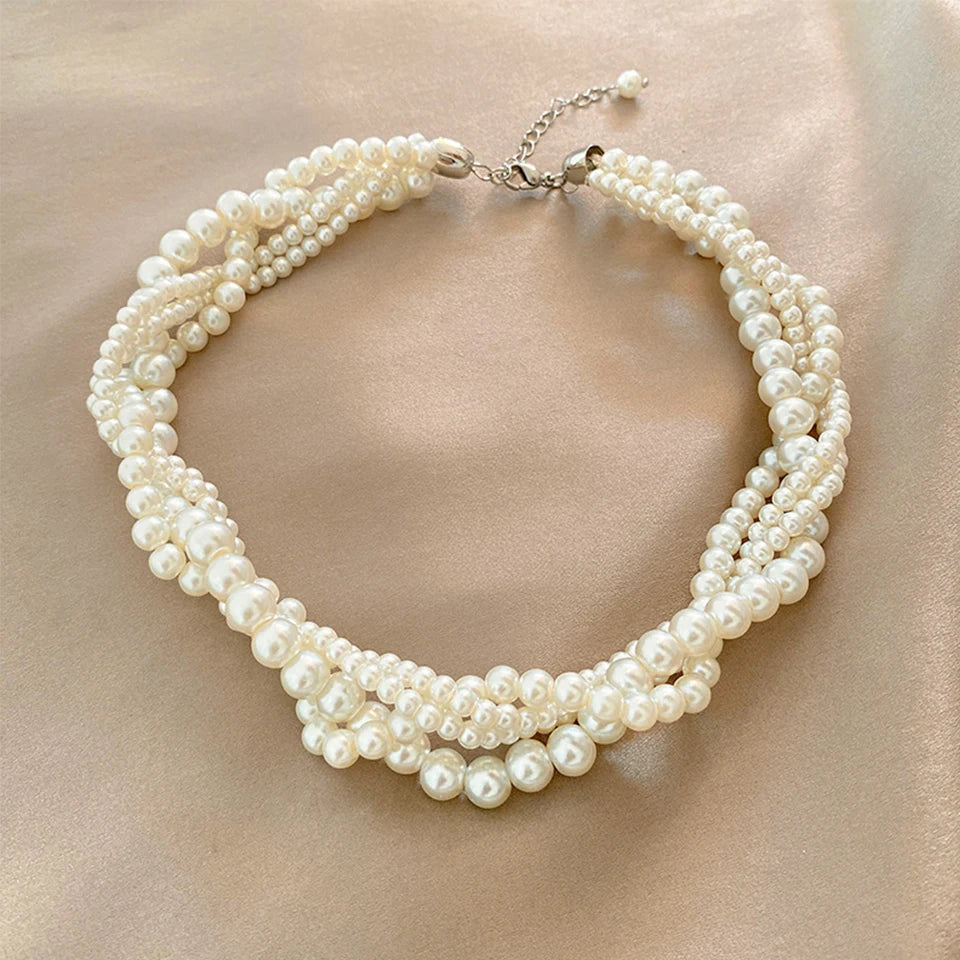 Yupsk Luxury Twining Pearl Choker Necklaces for Women Geometric Necklaces Weddings Bride Jewelry Accessories