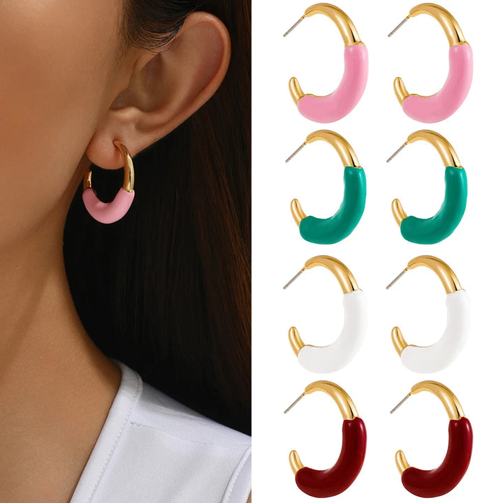 Trend Enamel Color C Shape Gold Color Hoop Earrings for Women Girls Colorful Candy Circle Piercing Ear Stud Creative Jewelry