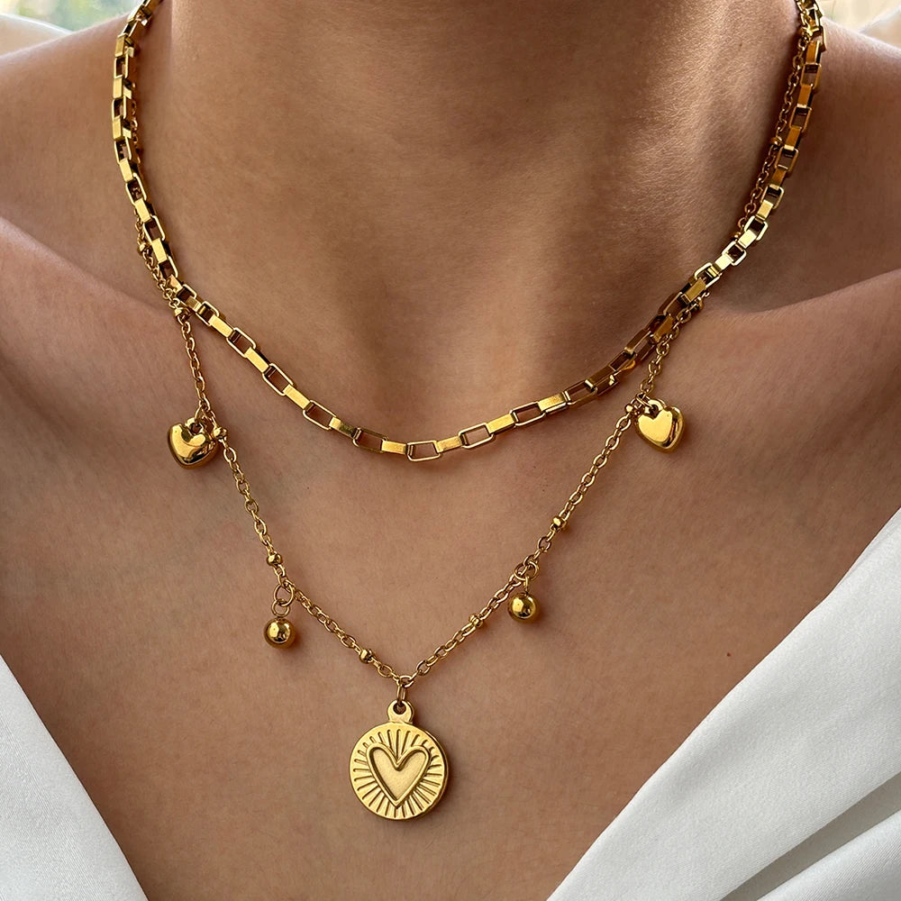 Stainless Steel Necklace Light Luxury Exquisite Peach Heart Double Layer Bone Chain Ladies Jewelry Birthday Anniversary Gift