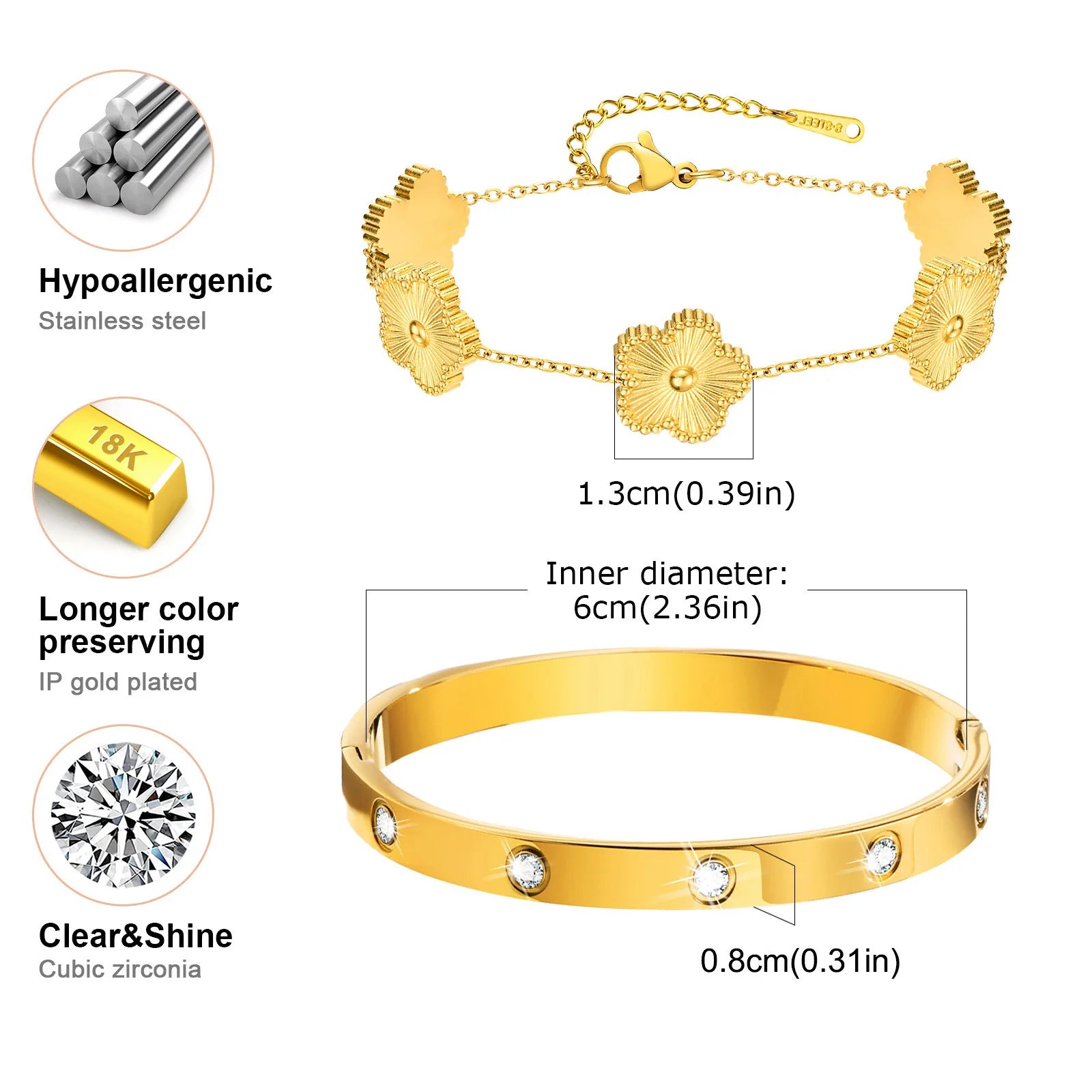 Vnox Exquisite 13mm Clover Bracelet Set for Women, Love Gift Bracelets for Wife Mothers Day Jewelry, Stainless Steel Cuff Bangle