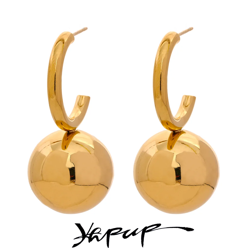 Yhpup Stainless Steel Round Ball Smooth Bead Drop Huggie Earrings Gold Silver Color Prevent Allergy Metal Unusual Jewelry Gift