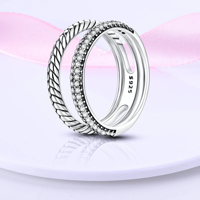 Women's 925 Sterling Silver Geometric Overlapping Zircon Classic Design Rings Anniversary Birthday Engagement Fine Jewelry