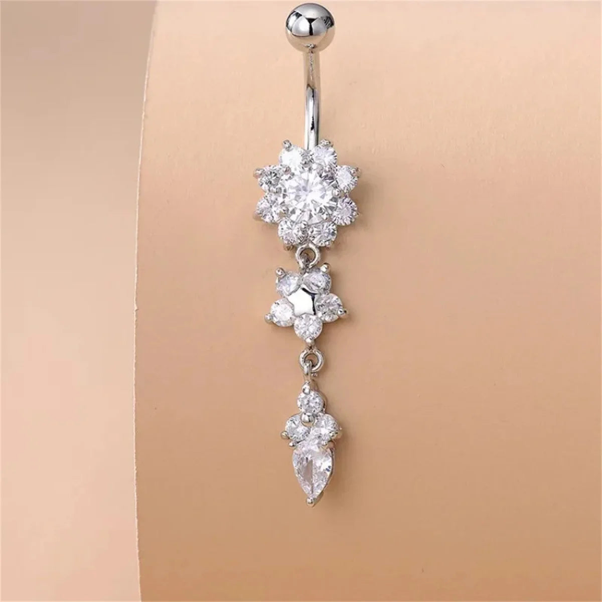 1Pc Stainless Steel Crystal Zircon Belly Button Rings,Shining Eye-Catching Piercing jewelry Suitable for Vacation Party Wearing