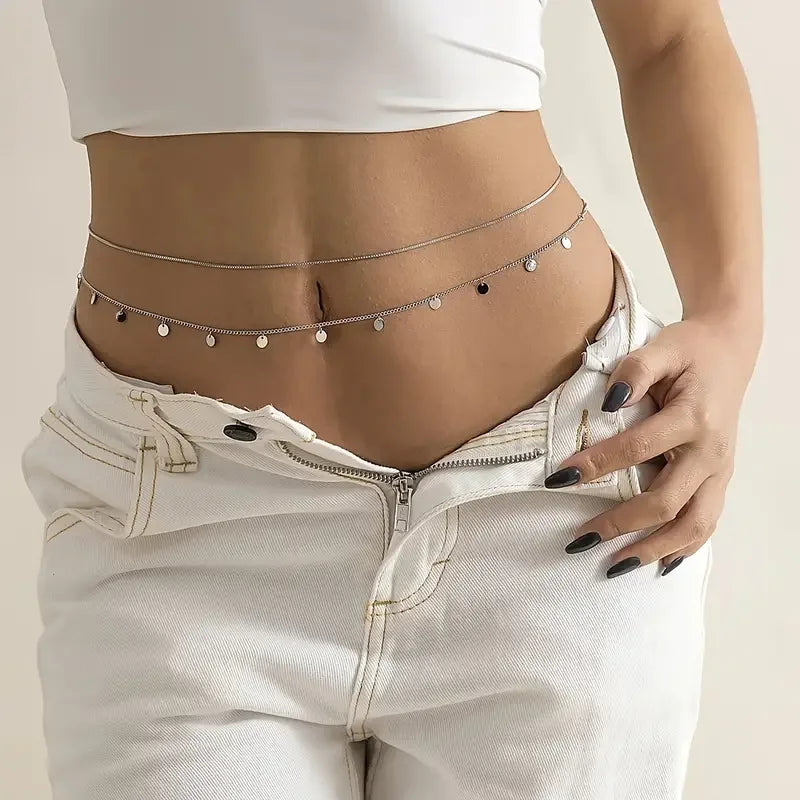 2pcs Round Coin Shape Tassel Pendant Thin Waist Chain Simple Boho Double Layers Body Chain Summer Beach Jewelry Gifts 2024 New
