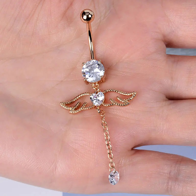 1PC Women Fashion Stainless Steel Piercing Crystal Butterfly Heart Belly Navel Ring Dangle Personality Body Jewelry Accessories