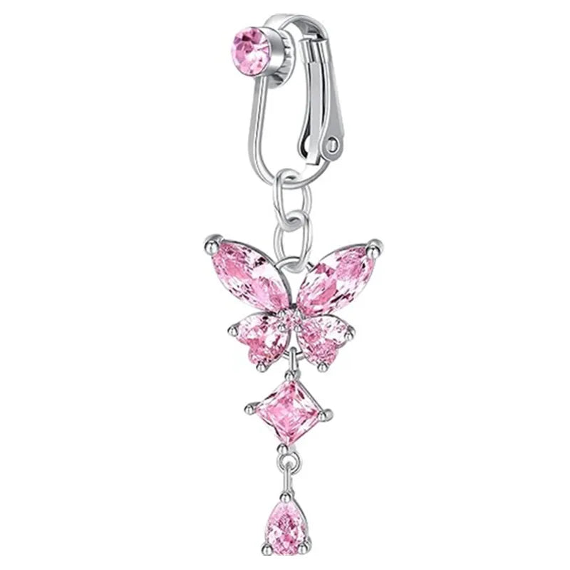 Clip On Belly Button Ring Butterfly Copper Zircon Pink Fake Belly Piercing Umbilical Navel Body Jewelry Trendy Fashion Style