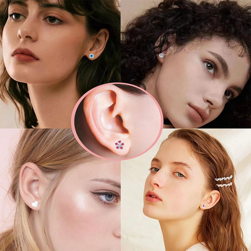 2PCS/Set Stainless Steel Heart Moon Earbone Stud Screw Ball Stud Earrings for Women Fashion Ear Tragus Cartilage Body Piercing