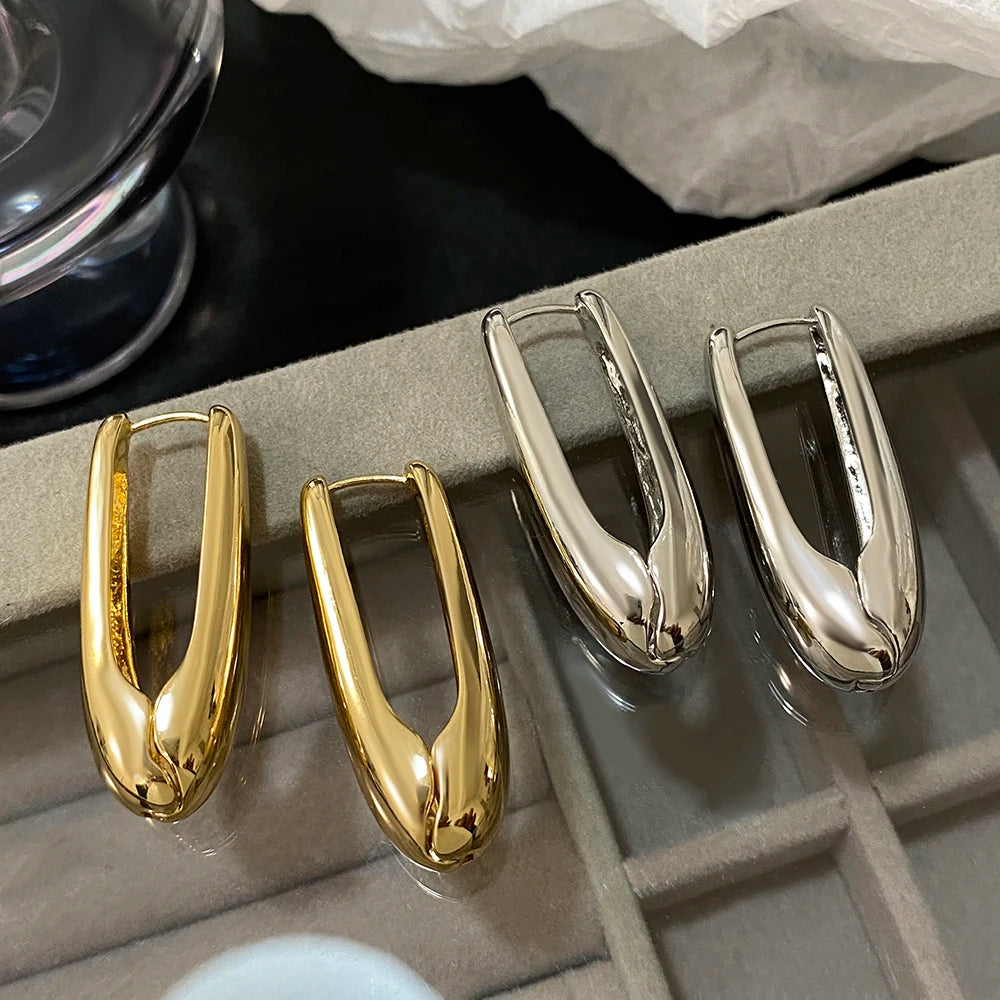 Greatera Trendy Gold Plated Large U Shaped Hoop Earrings for Women Minimalist Thin Teardrop Metal Huggie Earrings Party Jewelry