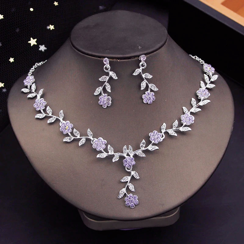 Rhinestone Bride Jewelry Sets for Women Luxury Flower Choker Necklace Earrings Wedding Dress Bridal Necklace Sets Fashion