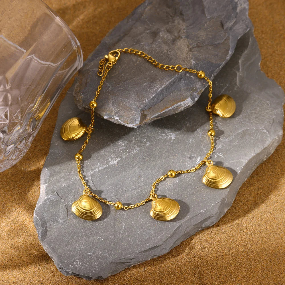 Gold Color Starfish Shell Fish Charm Anklet Link New Bead Chain Stainless Steel Bracelet Women On Foot Summer Waterproof Jewelry