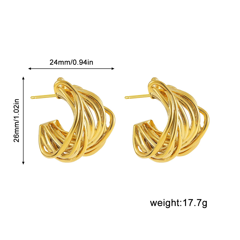 Unusual Multilayer Metal C Shape Hoops No Tarnish 18K Gold Plated Huggie Earrings Classics Piercing Ear Clip Women Retro Jewelry