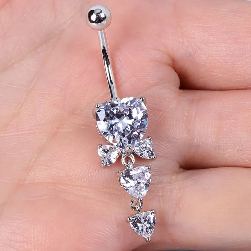 1PC Women Fashion Stainless Steel Piercing Crystal Butterfly Heart Belly Navel Ring Dangle Personality Body Jewelry Accessories