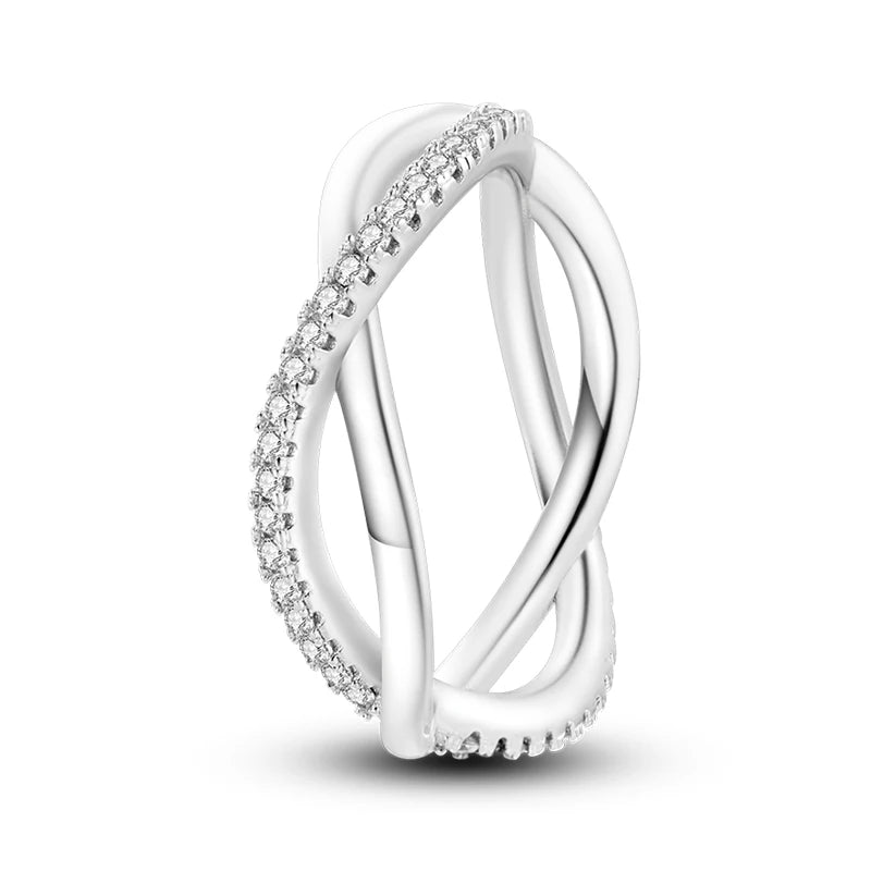 Women's 925 Sterling Silver Geometric Overlapping Zircon Classic Design Rings Anniversary Birthday Engagement Fine Jewelry