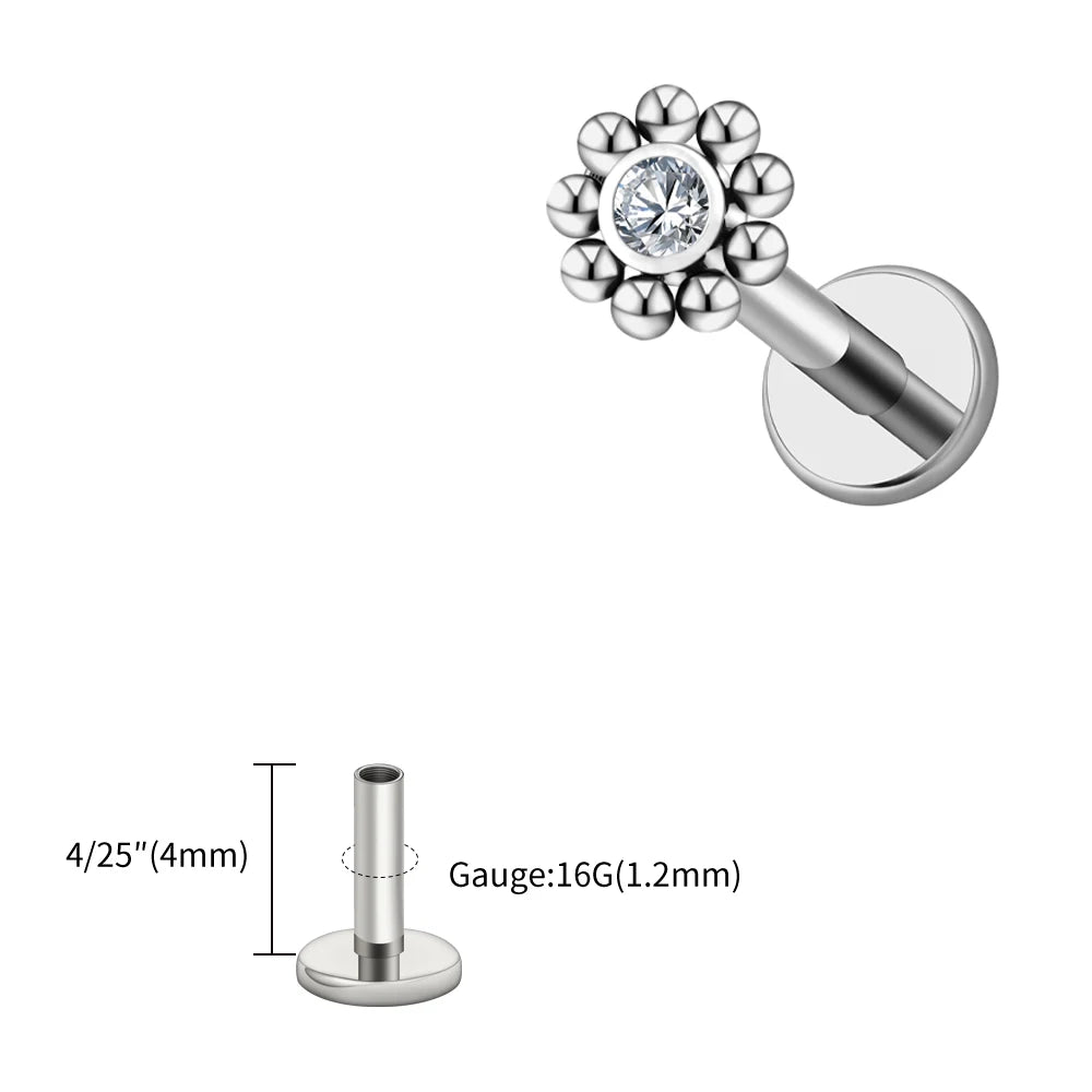 Right Grand ASTM F136 Titanium 16G Mini Beaded Sun Labret Stud CZ Flower Tragus Cartilage Helix Conch Nose Piercing Body Jewelry