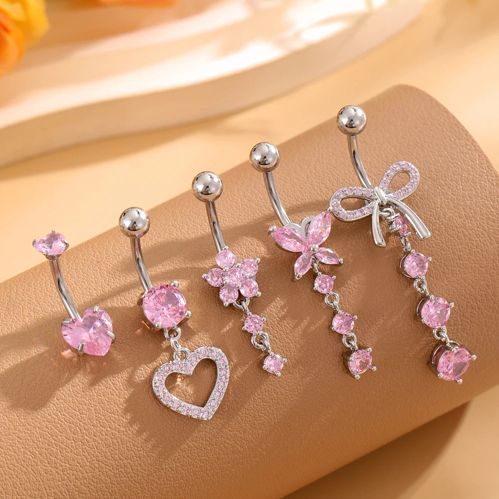 3-5pcs/Lot Belly Button Ring Sets Heart Butterfly Flower Dangled Belly Piercing Nombril 14G Curved Navel Rings Jewelry for Women