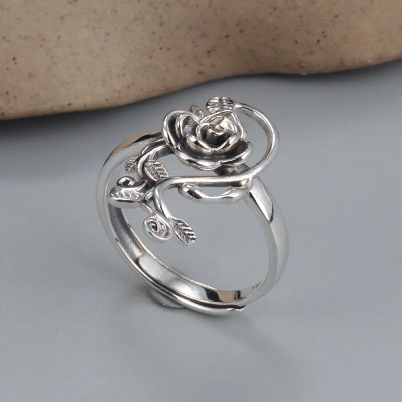 Buyee 925 Sterling Silver Big Flower Ring for Women Fashion Big Rose Open Adjustable Ethnic Jewelry Gift with Box