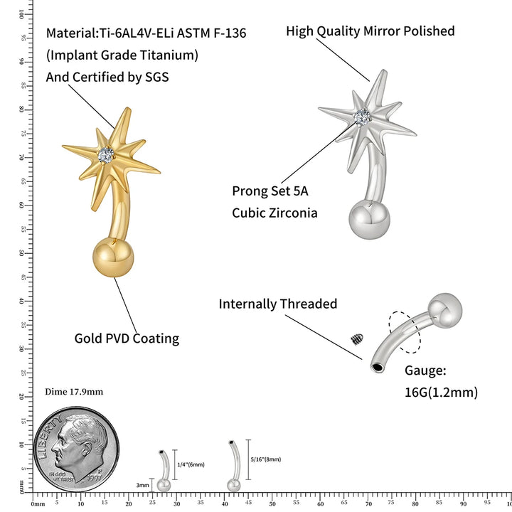 Right Grand ASTM F136 Titanium 16G CZ North Star Rook Earring 6mm 8mm Curved Barbell Eyebrow Cartilage Tragus Labret Piercing