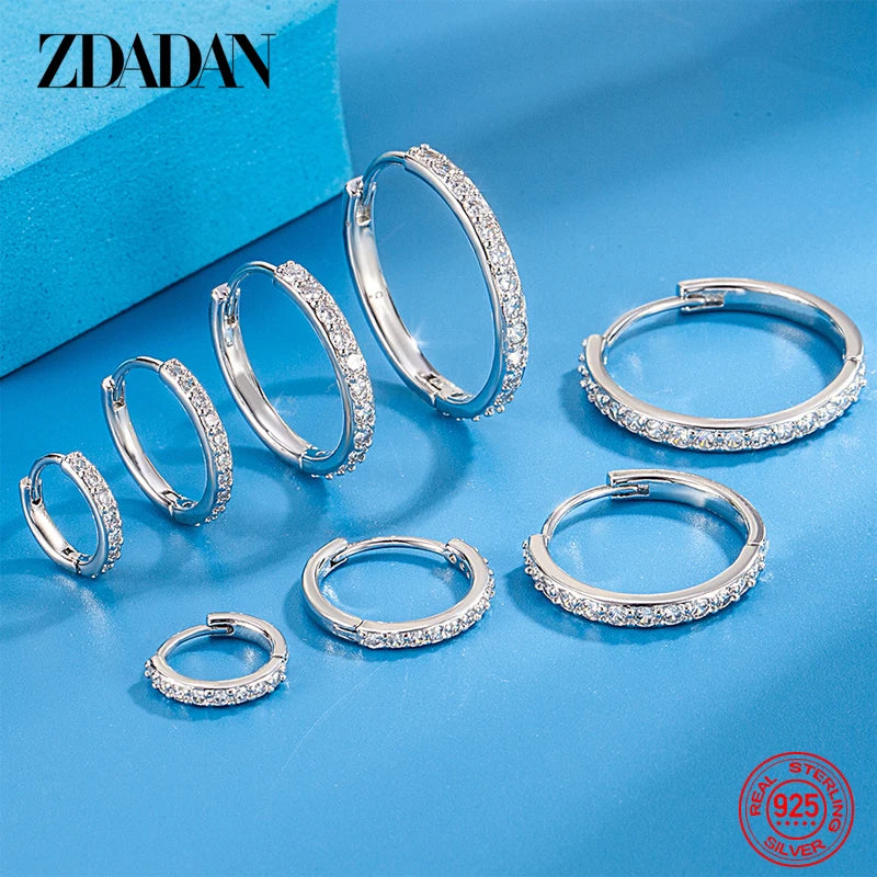 ZDADAN 925 Sterling Silver 8/12/16/20mm Zircon Hoop Earrings For Women Fashion Jewelry