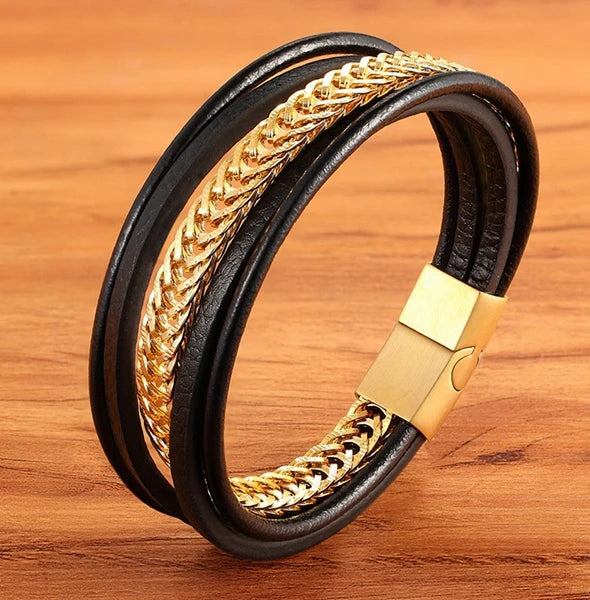 XQNI Stainless Steel Leather Bracelet For Mens Chain Charm Jewelry Magnetic Clasp Bangle for Dad Boyfriend Lover Birthday Gifts