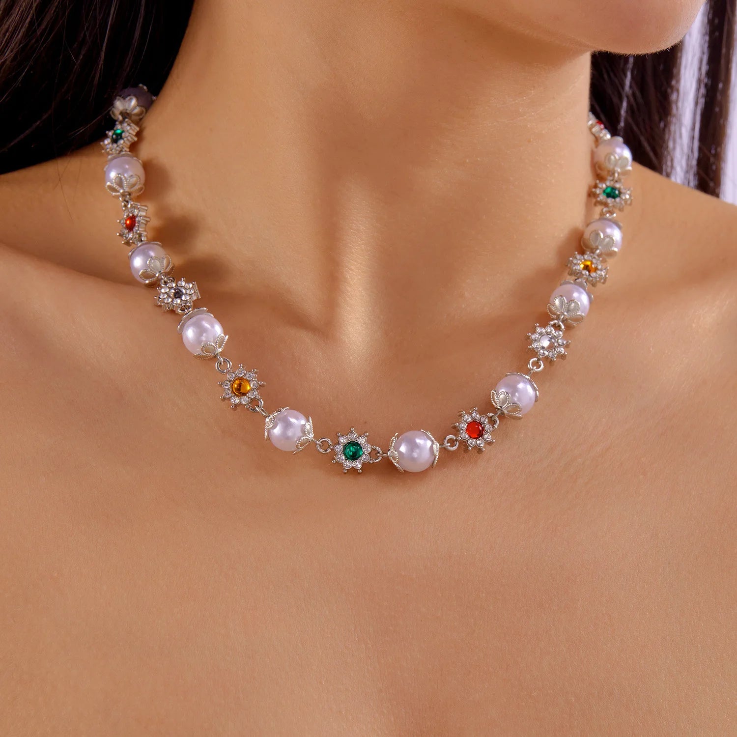 IFYOUOO Luxury Shinny Colorful Rhinestone Short Necklace Women Imitation Pearl Choker Jewelry Collar Wed Bridal Goth