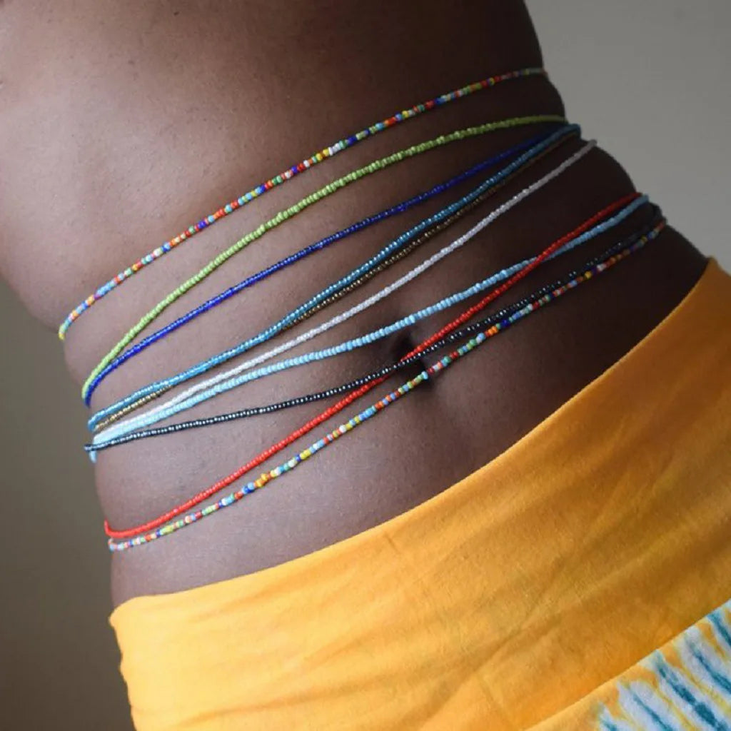 Women New Simple Fashion Hand Beaded Chain Glass Beaded Body Chain All-match Color Elastic Waist Chain BD7052