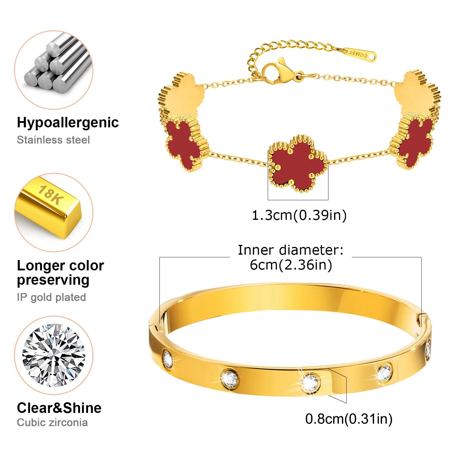 Vnox Exquisite 13mm Clover Bracelet Set for Women, Love Gift Bracelets for Wife Mothers Day Jewelry, Stainless Steel Cuff Bangle