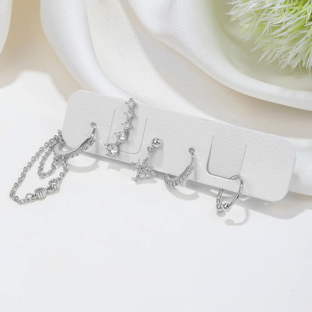 2PCS New Fashion Gold Color Crystal Zirconia Chain Hoop Earrings Women Small Pendant Star Ear Cartilage Earring Piercing Jewelry