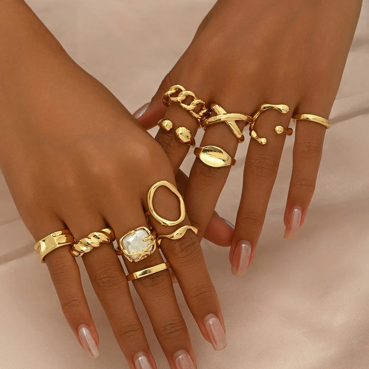 12PCS Set Of New Irregular Geometric Ring Alloy Plated Metal Adjustable Finger Ring For Women, Fashion Statement Jewelry Party N