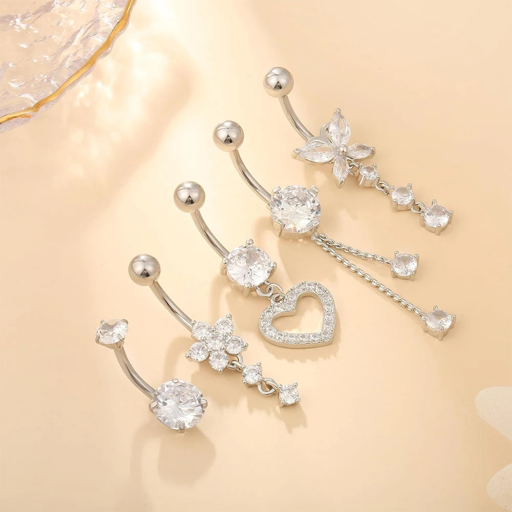 5pcs/lot Dangled Belly Button Rings Belly Piercing Sets 14G Butterfly Heart Curved Navel Piercing for Women Girls Body Jewelry